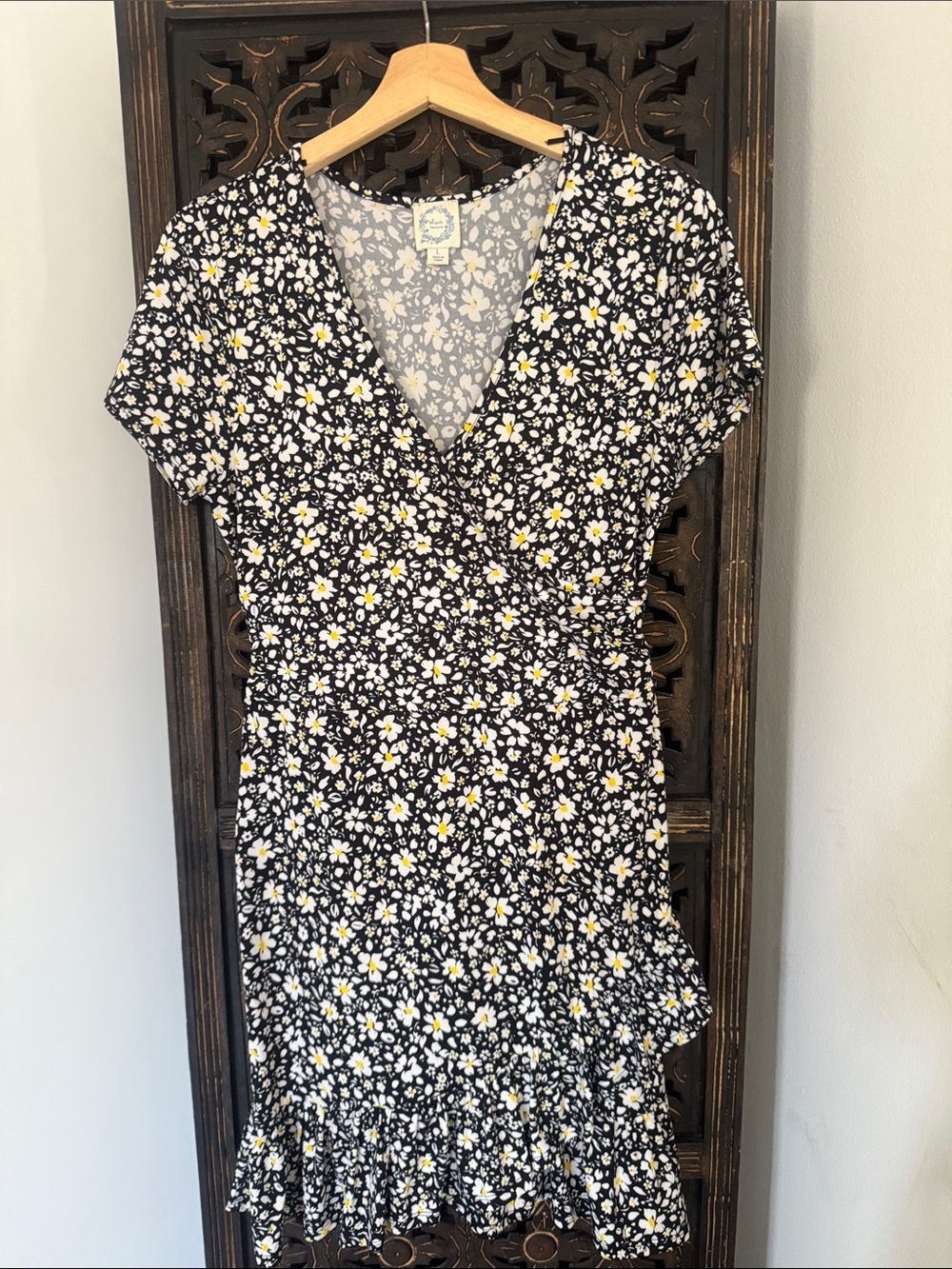 Blue Rain Black Floral Mini Dress with White and Yellow Daisies